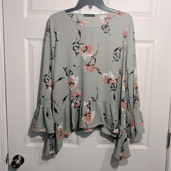 Gibson Women’s Gray Floral Scoop-Neck Bell-Sleeve  Top -  Size Large - Picture 1 of 7
